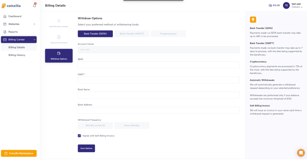 Coinzilla Withdraw Options