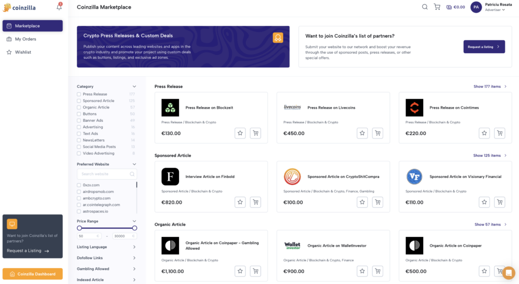 coinzilla marketpalce dashboard oveview